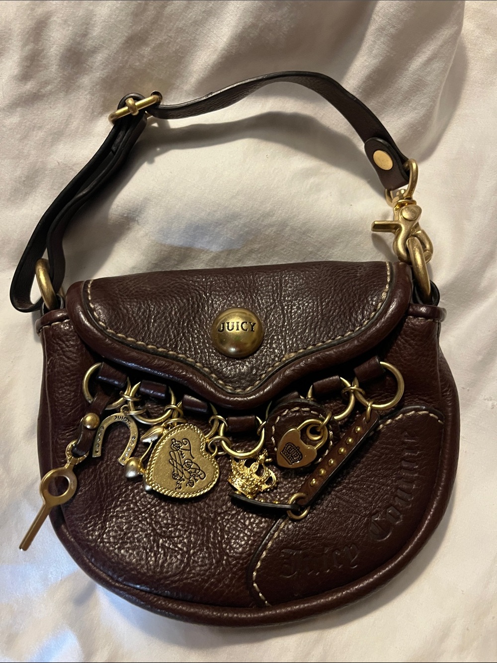 Vintage Juicy Couture Brown Leather Mini Charm Saddle Bag